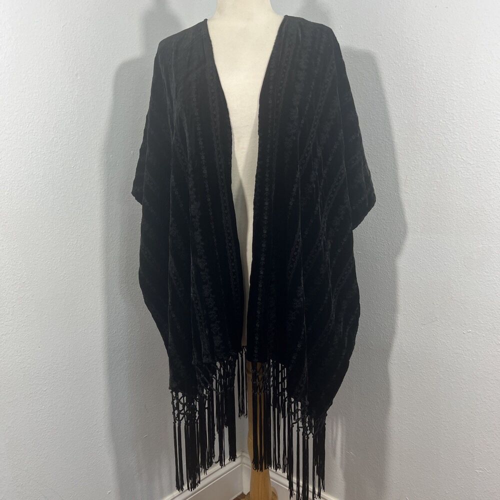 Love Libetty Johnny Was Duster Kimono Womens XS Black Velvet Open Flapper Fringe